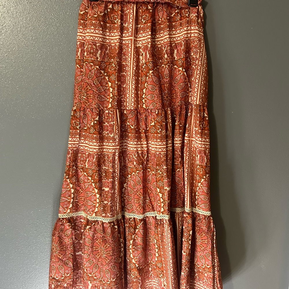 SHEIN Red and Orange Tiered Maxi Skirt Resort Wear